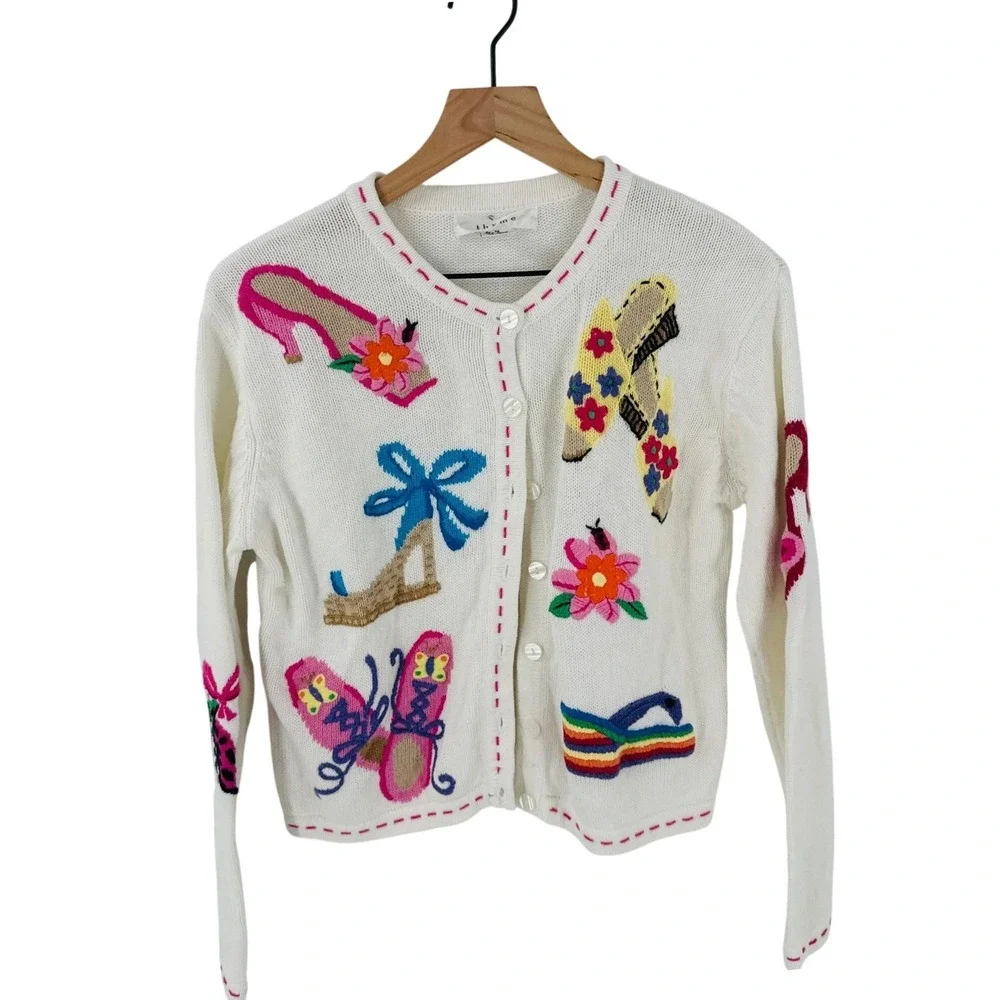 Vintage Thyme Cream Knit Cardigan Shoes Butterfly Novelty Size M Embroidered‎